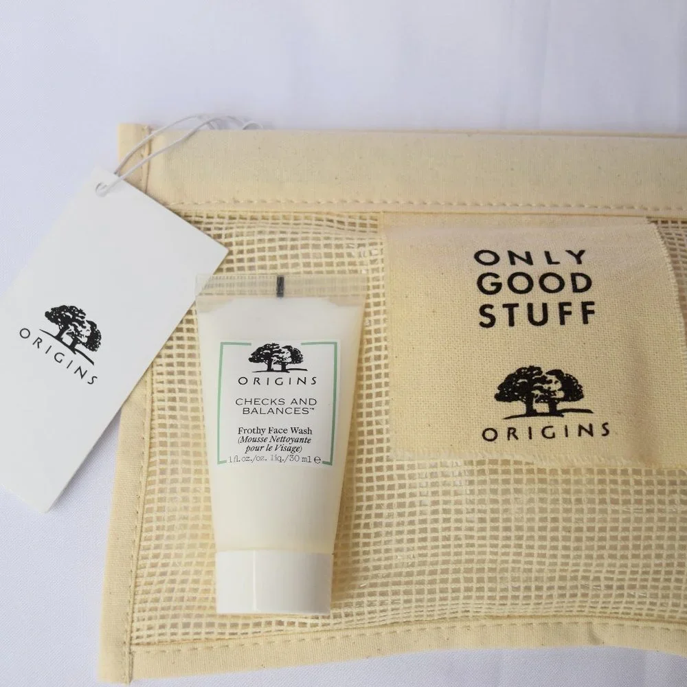 Origins Beauty Set-Beige Mesh Pouch,Cleanser,Lifting,Lotion,Gloss,Mask-6pc-NEW